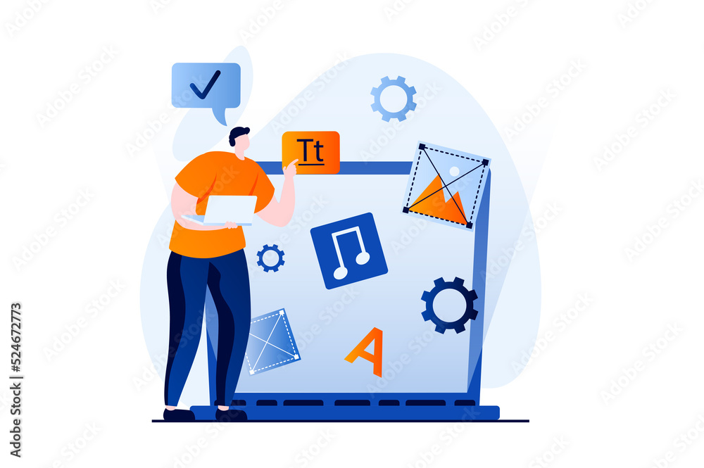 Ui ux design concept with people scene in flat cartoon design. Man designer creates navigation elements and buttons for user interface using laptop in office. Illustration visual story for web Ui ux design concept with people scene in flat cartoon design. Man designer creates navigation elements and buttons for user interface using laptop in office. Illustration visual story for web