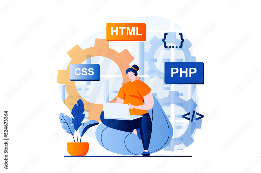 Web development concept with people scene in flat cartoon design. Woman programming at different languages, testing and optimizing code, creates layouts. Illustration visual story for web