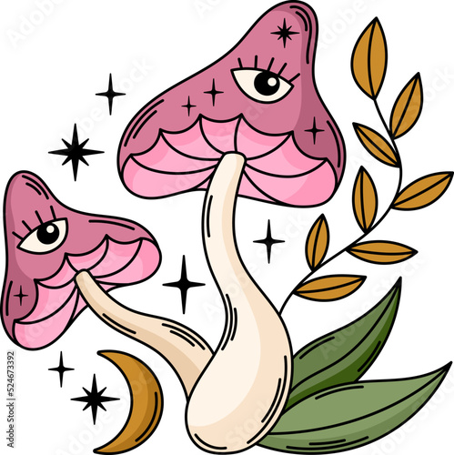 Celestial magic mushrooms vector clipart. Mystical witchy mushroom illustration 