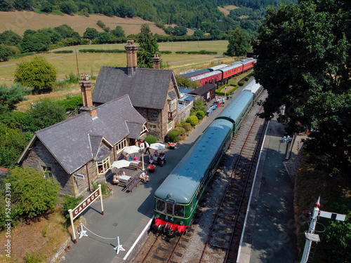 Aerial view of the Llangollen to Carrog Heritage Train in Carrog Station. Denbighshire, North Wales. photo