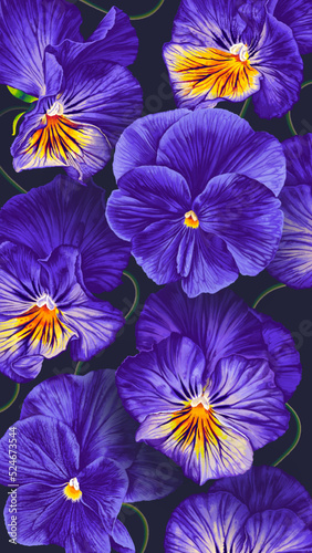 Vertical botanical background with blue, purple with yellow Pansies. violet flowers on dark background. Realistic vector handdrawn flowers. Template for phone screen saver, wallpaper.