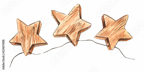 Hand drawn watercolor illustration. Three wooden stars connected by thread. Decorations for holiday, birthday, new year or Christmas.