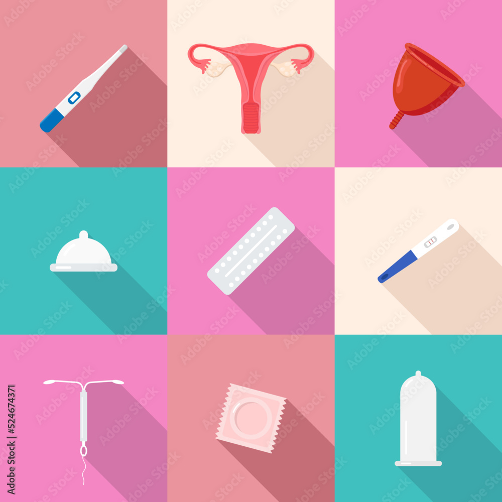 A set of flat icons on the topic of female reproductive health, contraception and pregnancy planning. Vector A set of flat icons on the topic of female reproductive health, contraception and pregnancy planning. Vector