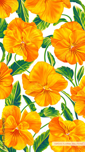 Realistic botanical background with yellow pansies flowers, hand-drawn viola vertical background. Template for social networks, phone cases, desktop, screen lock, stories and advertising.