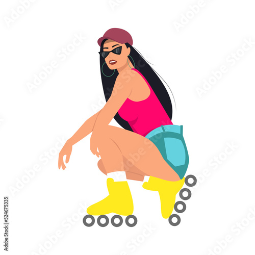 Young roller girl  with long hair and shorts sitting on the ground wearing roller skates