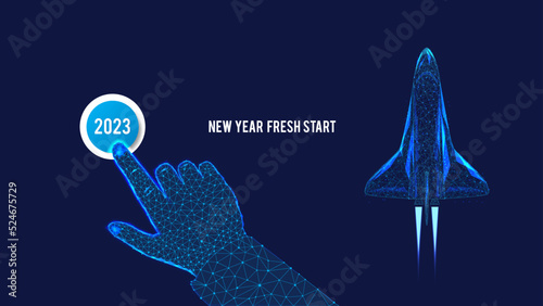  The beginning of the New Year, 2023 on the button. Start fresh New Year. Polygonal hand. Clicking. Flying Shuttle. Background of dark blue night sky.