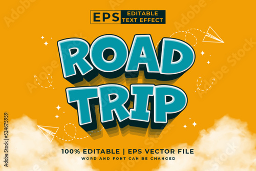 Editable text effect Road Trip 3d cartoon template style premium vector