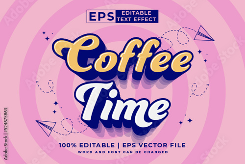 Editable text effect Coffee Time 3d cartoon template style premium vector