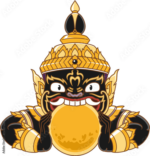 Illustration of Rahu embraces the moon. Rahu is the beast in the ancient novel, causing lunar.	 photo