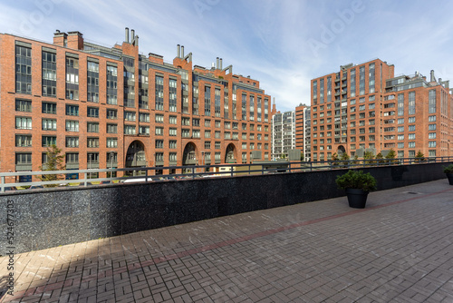 View of a residential, apartment building made of bricks