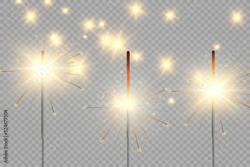 Magical light. Sparkler. Candle sparkling on the background. Realistic vector light effect. Winter, seasonal christmas decoration illustration.	