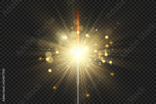 Magical light. Sparkler. Candle sparkling on the background. Realistic vector light effect. Winter, seasonal christmas decoration illustration.	
