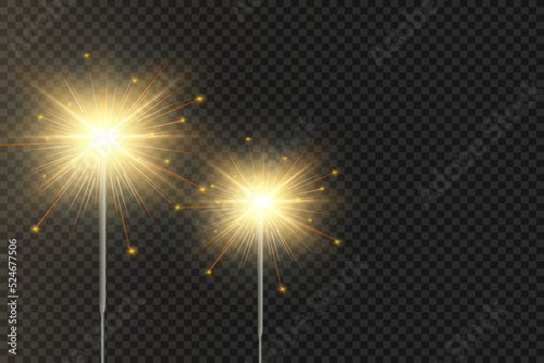 Magical light. Sparkler. Candle sparkling on the background. Realistic vector light effect. Winter, seasonal christmas decoration illustration.	