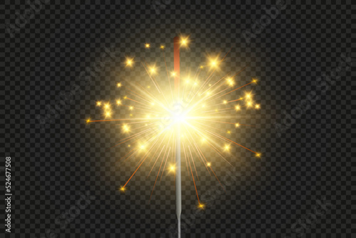 Magical light. Sparkler. Candle sparkling on the background. Realistic vector light effect. Winter, seasonal christmas decoration illustration.	