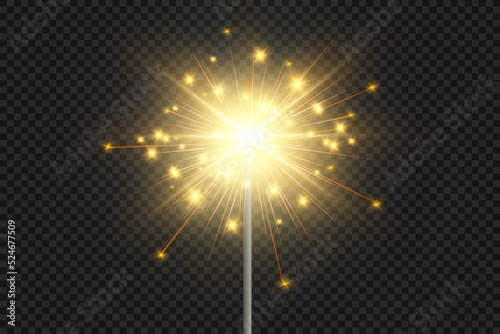 Magical light. Sparkler. Candle sparkling on the background. Realistic vector light effect. Winter, seasonal christmas decoration illustration.	