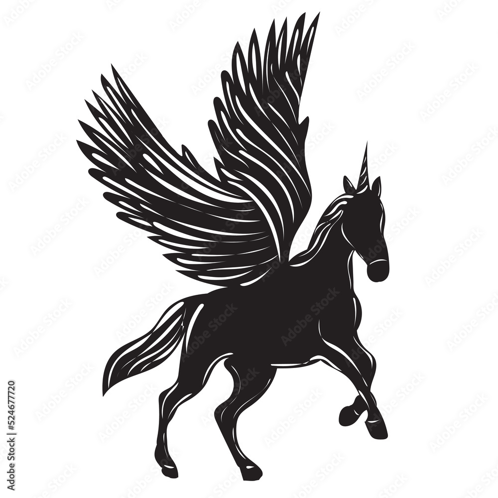 winged unicorn silhouette on white background isolated, vector winged unicorn silhouette on white background isolated, vector