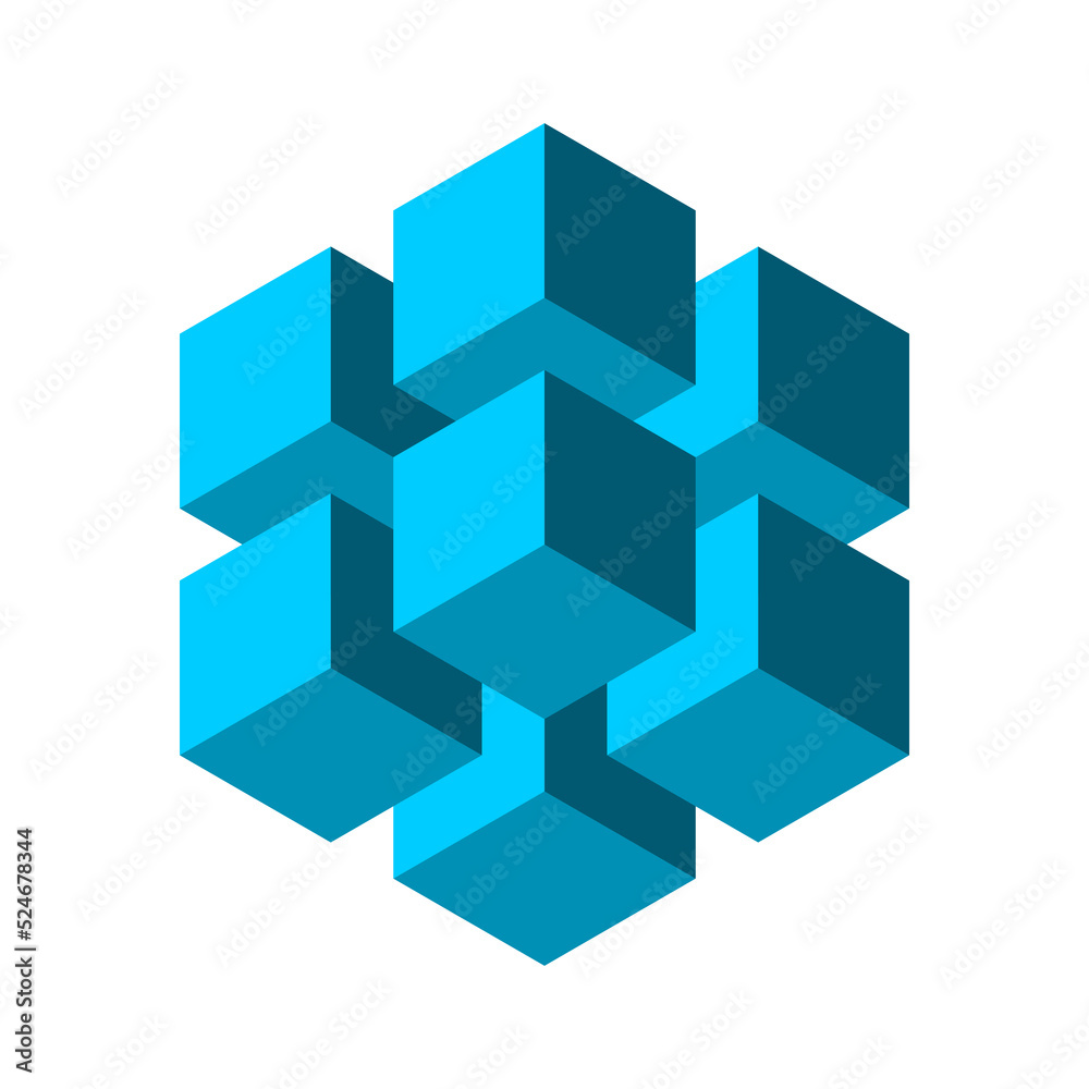 Blue cubes floating in the air. Block chain technology. Cloud data storage concept. Big square made of 8 small boxes. Geometric hexagon. Abstract cryptocurrency icon. Vector illustration, clip art. Blue cubes floating in the air. Block chain technology. Cloud data storage concept. Big square made of 8 small boxes. Geometric hexagon. Abstract cryptocurrency icon. Vector illustration, clip art.