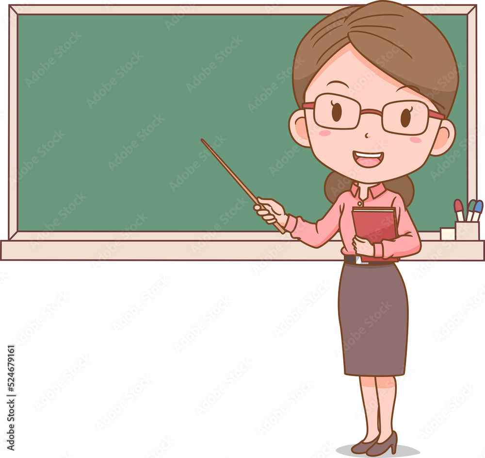Cartoon illustration of female teacher holding a stick in front of blackboard. Cartoon illustration of female teacher holding a stick in front of blackboard.
