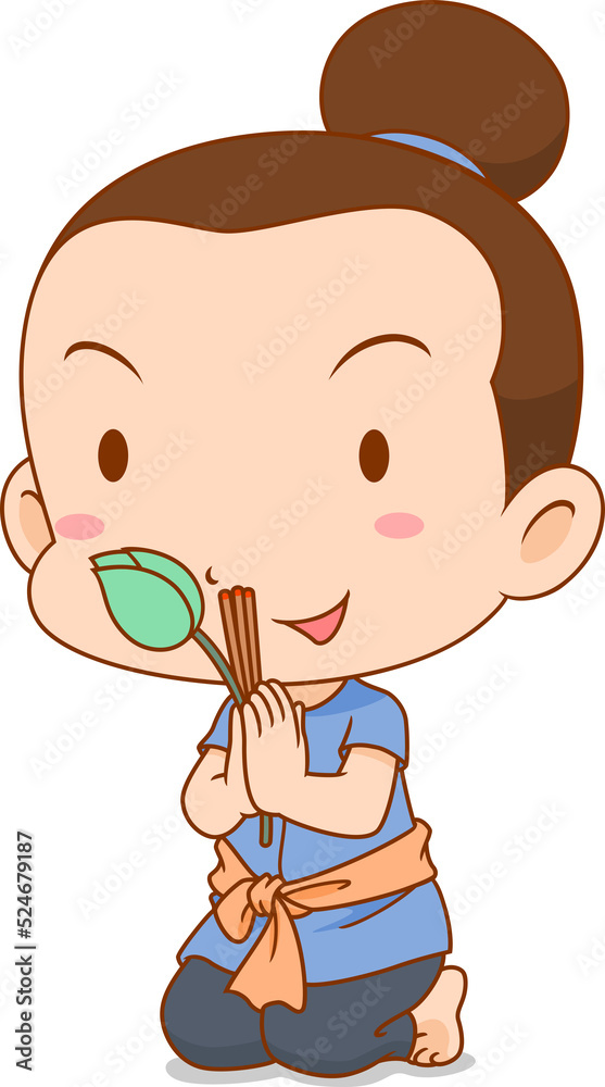 Cartoon Thai boy praying with incense sticks and lotus. Cartoon Thai boy praying with incense sticks and lotus.