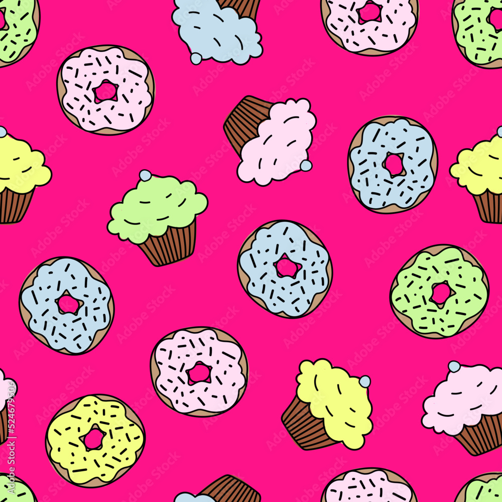 cute dessert cartoon seamless pattern, donut and cupcake on pink background cute dessert cartoon seamless pattern, donut and cupcake on pink background