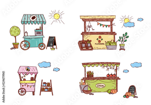 Food market vector set.Stall counter doodle style 