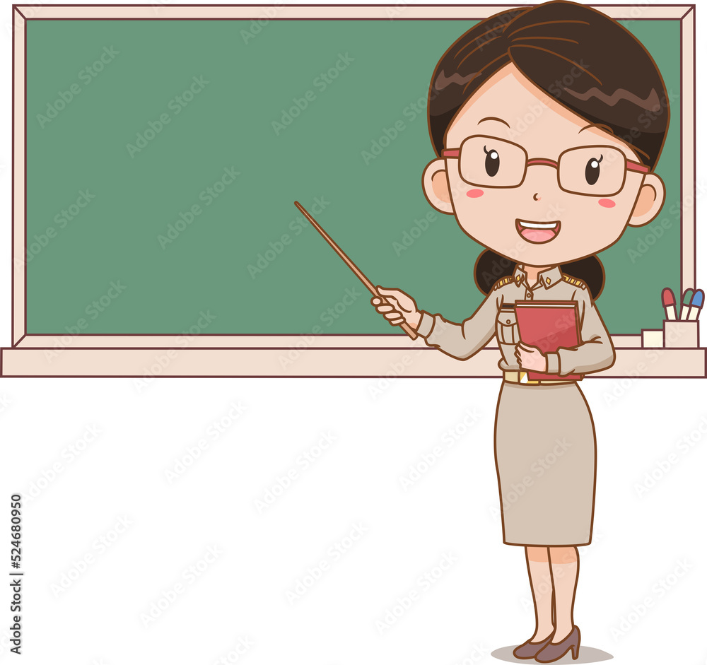 Cartoon illustration of Thai female teacher holding a stick in front of blackboard. Cartoon illustration of Thai female teacher holding a stick in front of blackboard.
