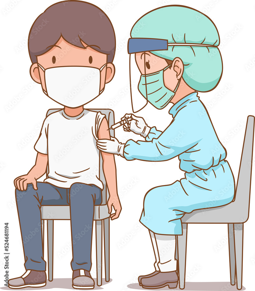 Cartoon illustration of nurse giving an injection to a man. Cartoon illustration of nurse giving an injection to a man.