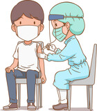 Cartoon illustration of nurse giving an injection to a man.	