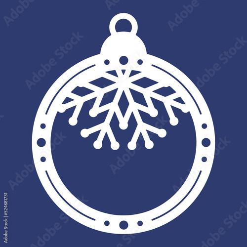 Christmas ball with snowflake, template of laser cutting. Silhouette of openwork spheres with lace ornament. Xmas tree decoration for paper cut out. Vector illustration on blue background.