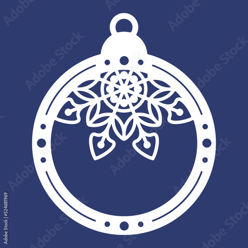 Christmas ball with snowflake, template of laser cutting. Silhouette of openwork spheres with lace ornament. Xmas tree decoration for paper cut out. Vector illustration on blue background.