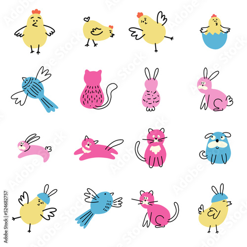 Kids animals and birds with fingerprints doodle 
