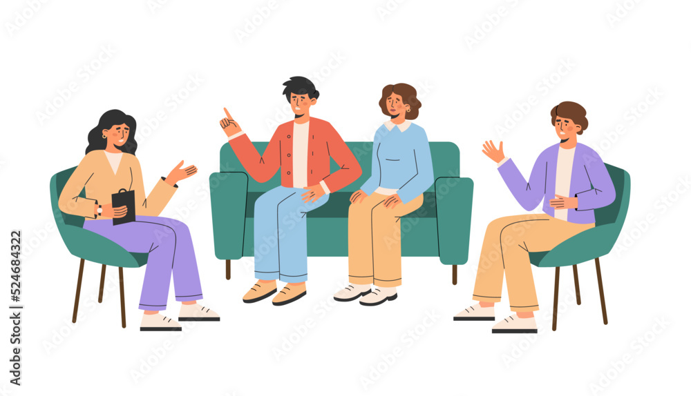 Men and women discuss psychological problems in group therapy Men and women discuss psychological problems in group therapy