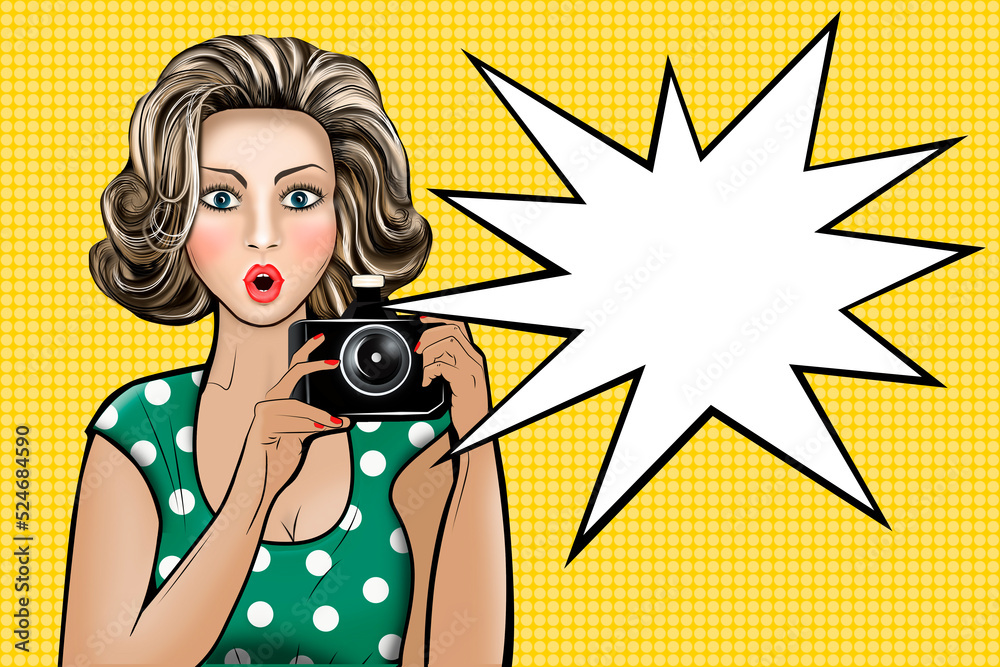 Drawn girl in pop art style with a camera in her hands and a surprised face. Drawn girl in pop art style with a camera in her hands and a surprised face.
