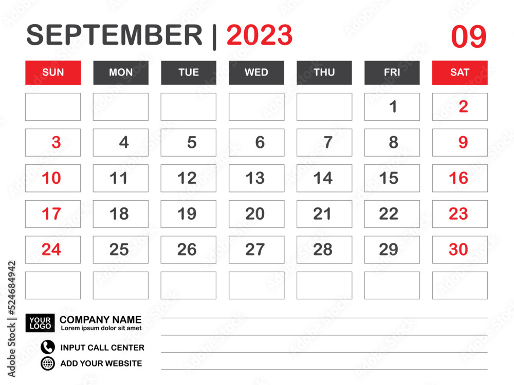 Calendar 2023 template, September 2023 layout, Desk calendar 2023 year, Wall calendar design, Week starts on sunday, Planner, Printing media, poster, organizer, advertisement, Red background, vector Calendar 2023 template, September 2023 layout, Desk calendar 2023 year, Wall calendar design, Week starts on sunday, Planner, Printing media, poster, organizer, advertisement, Red background, vector