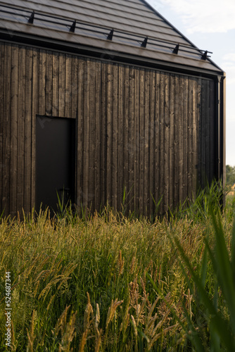 Black wooden house with black door, soft green grass and sedges. Plain Nordic or Scandinavian architecture, wooden wall texture, background