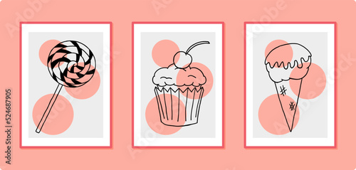 Vector set of hand drawn sweets illustrations for wall decoration postcard or brochure cover design.