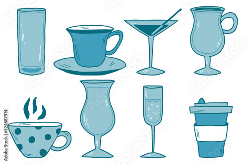 Hand drawn mugs, glass cups for alcohol drinks. Vector glasses goblets set.