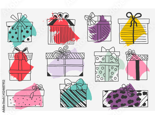 Gift boxes presents vector icon set on abstract background hand drawn doodle collection isolated.