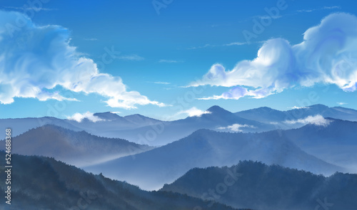 Mountain. Realistic Style. Digital artwork of mountains and sunny clouds