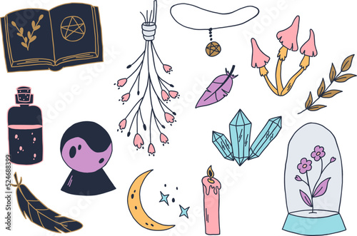 Esoteric witchcraft set. Mystic and magical symbols, hand drawn mystery collection.