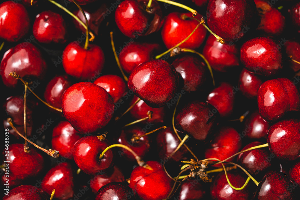 Ripe juicy sweet cherries. Close up shot. Top view, flat lay Ripe juicy sweet cherries. Close up shot. Top view, flat lay
