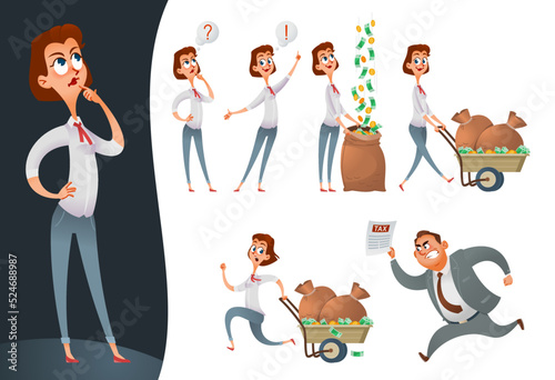 Set of funny cartoon woman finds successful solution of making money and saves her money from taxes. Concept of excessive financial burden. Vector illustration. Isolated on white.