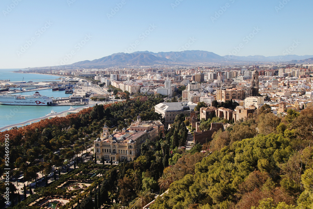 The panorama of Malaga and Malaga Cathedral from Gibralfaro hill, Spain	