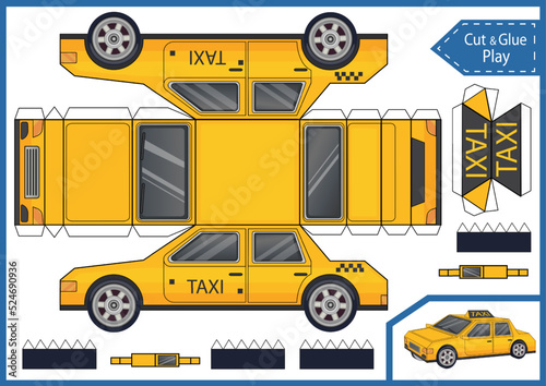 Kids craft template. Cut and glue paper taxi car. Make 3d model of toys car. Vector children activity page and worksheet for children.