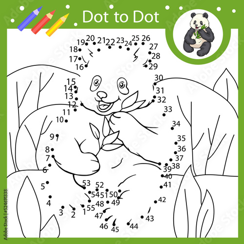 Kids education riddle dot to dot game connect drawing of a panda. Activity page and coloring book. Children worksheet. Vector illustration.