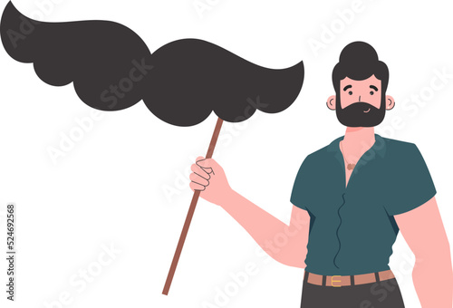 A man holds a mustache on a stick. Cartoon style. Isolated. Vector illustration.