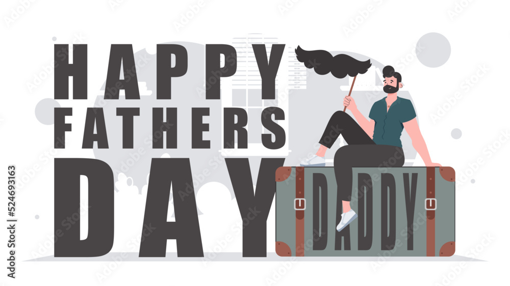 Father's day banner. A man holds a mustache on a stick. Cartoon style. Vector illustration. Father's day banner. A man holds a mustache on a stick. Cartoon style. Vector illustration.