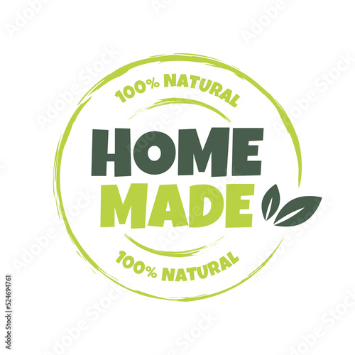 Home Made Stamp. Natural products sticker, label, badge, icon. Logo template with green leaves for organic and eco friendly products. PNG, Vector illustration.