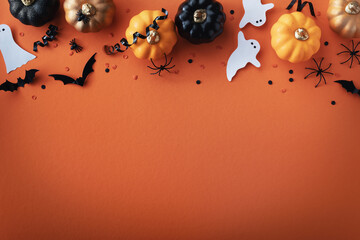 Halloween holiday card with party decorations of pumpkins, bats, spiders, ghosts on orange background top view. Happy halloween greeting poster in flat lay style.