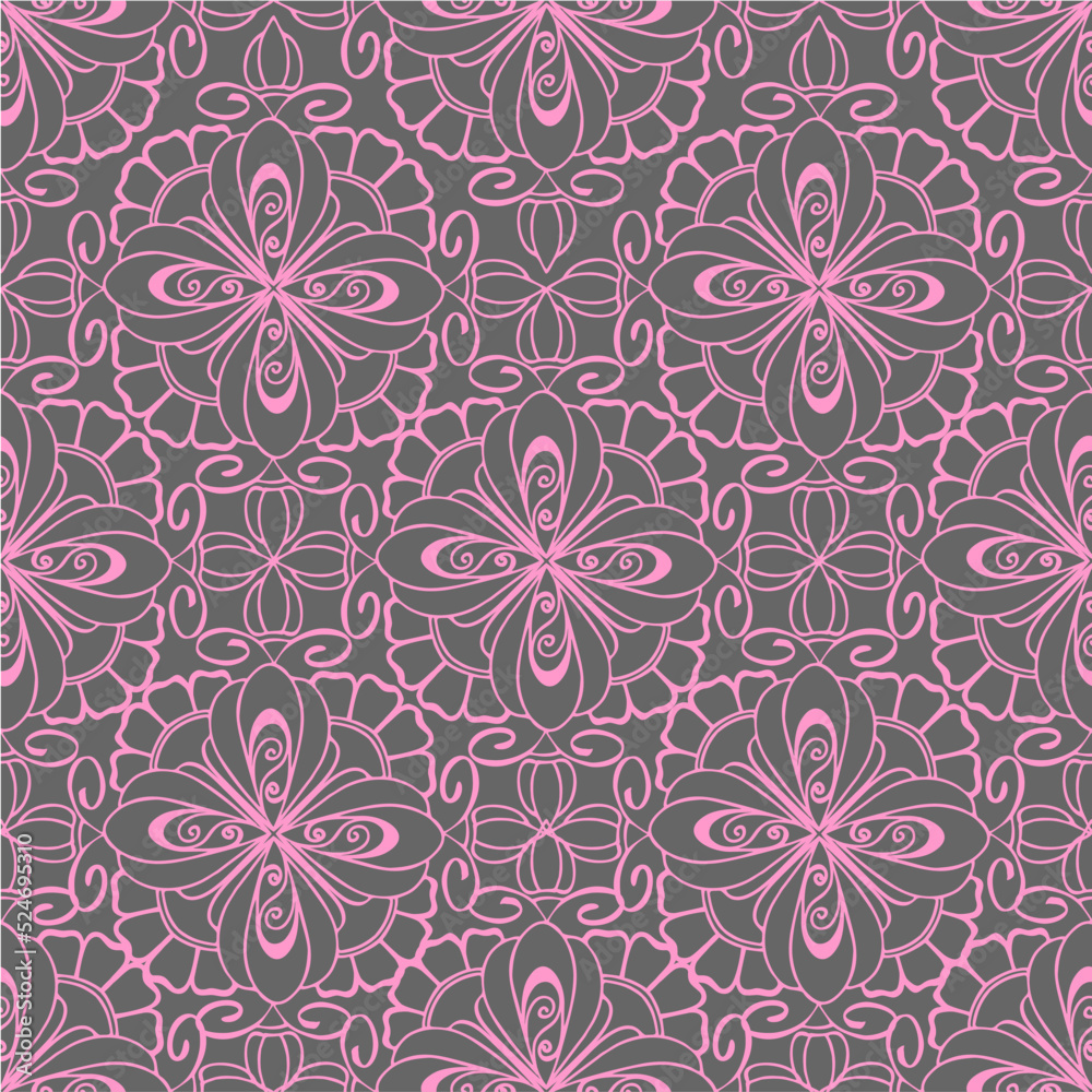 Fototapeta premium eamless graphic pattern, floral pink ornament tile on gray background, texture, design